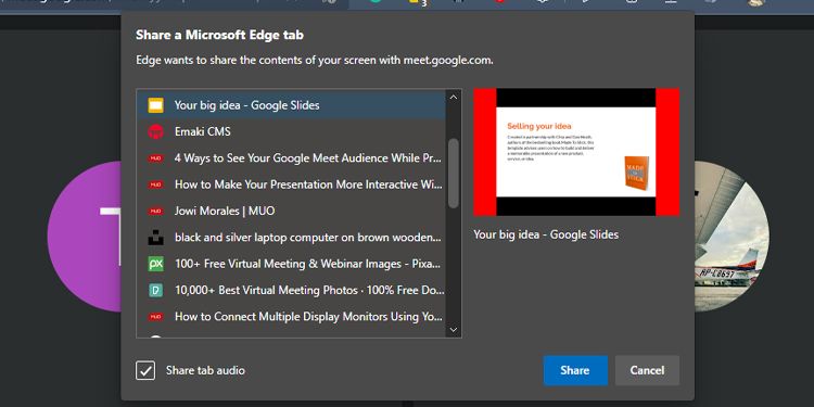 Screenshot of Share a Microsoft Edge tab on Google Meet