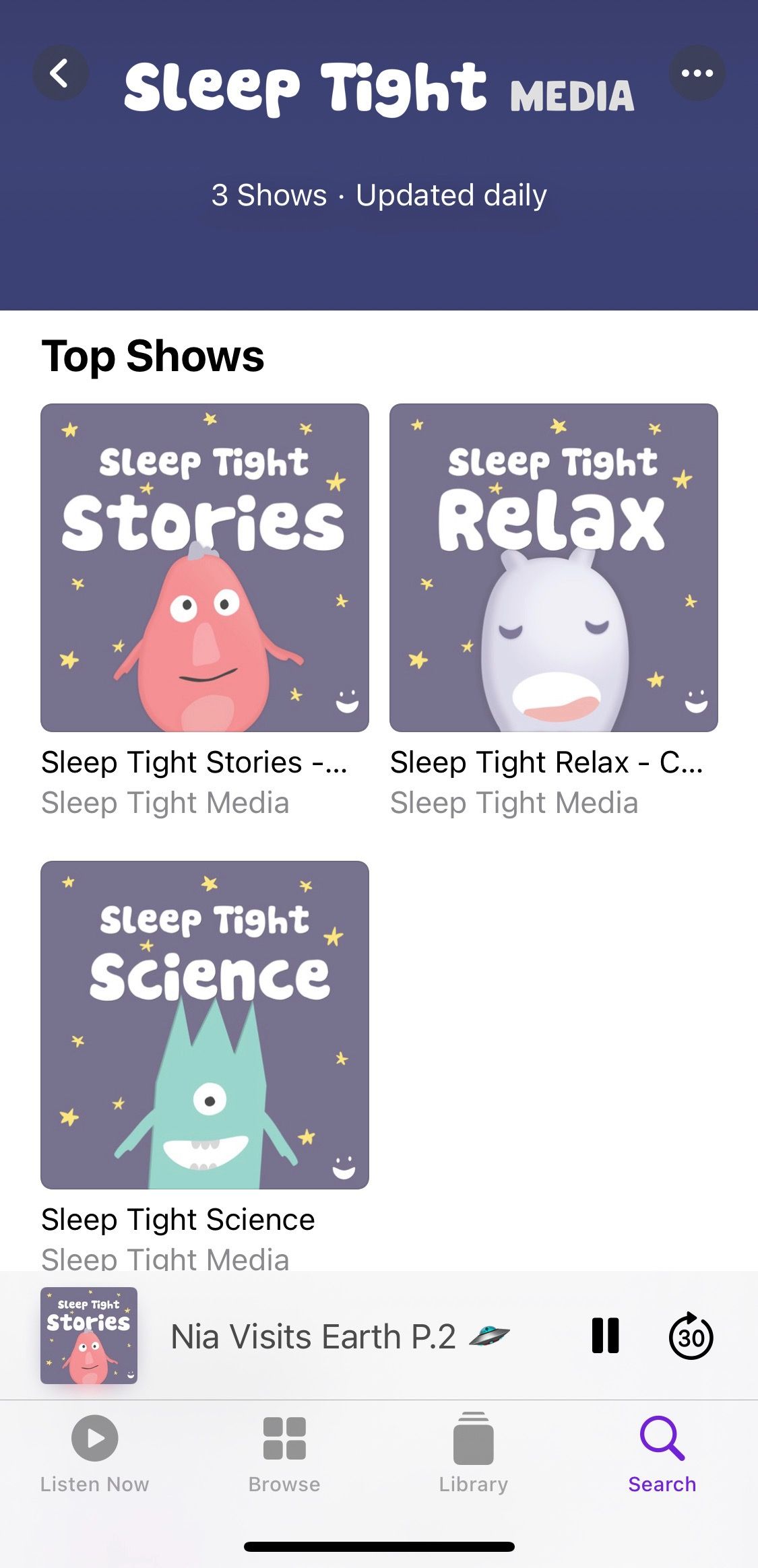 Screenshot of Sleep Tight Stories showing the range of shows available