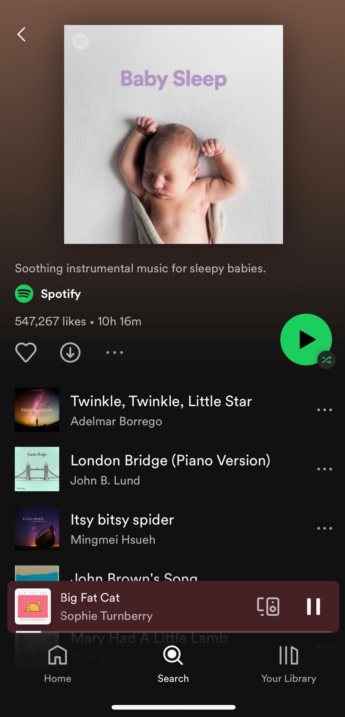 Screenshot of Spotify Baby Sleep playlist