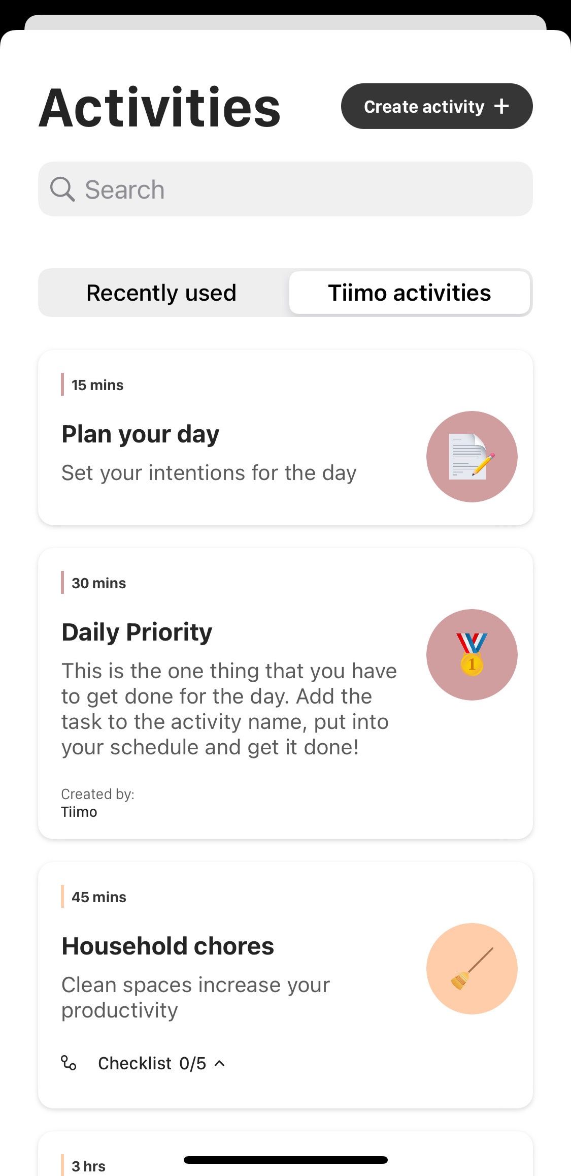 Screenshot of Tiimo app showing Tiimo daily activities screen