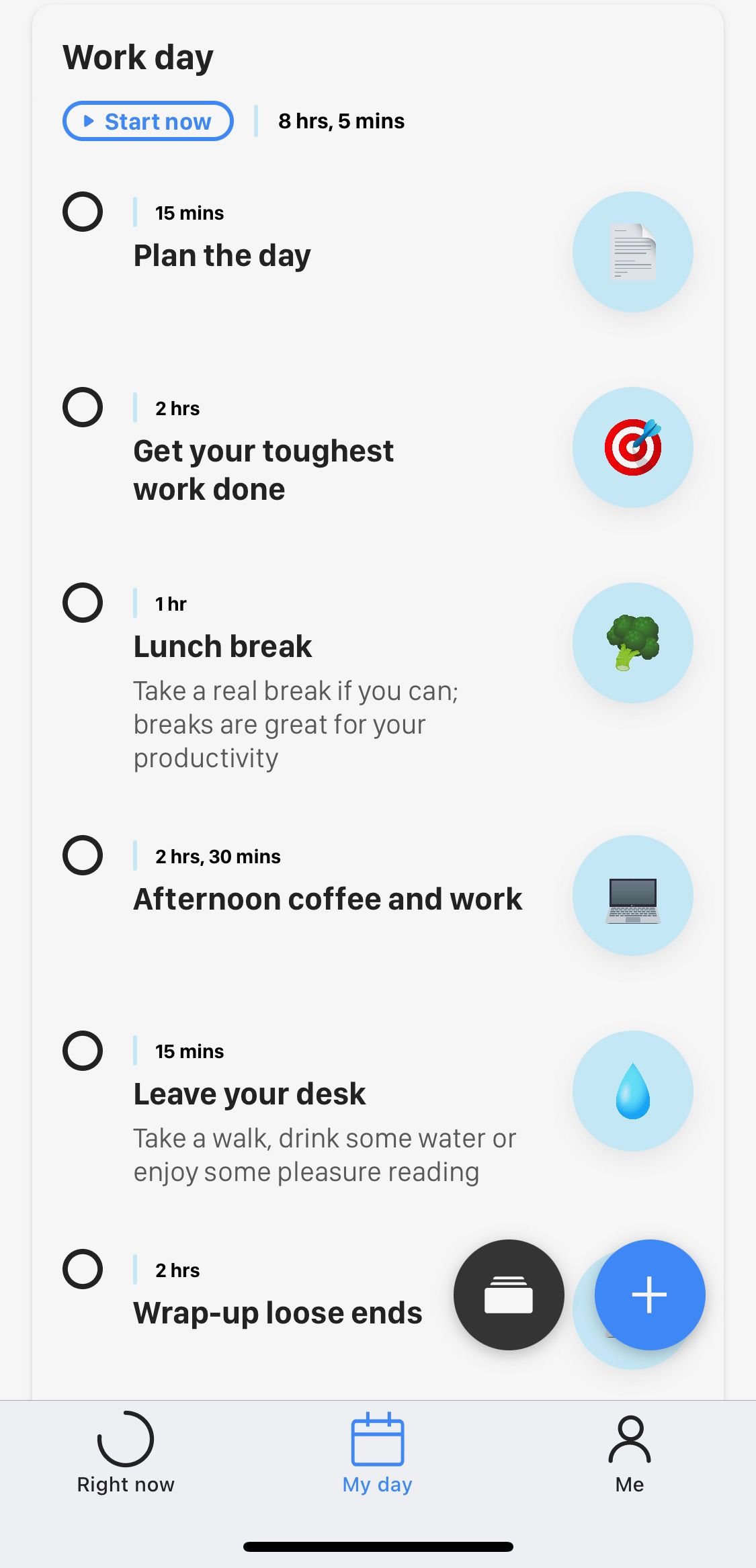 Screenshot of Tiimo app showing Tiimo daily activity screen