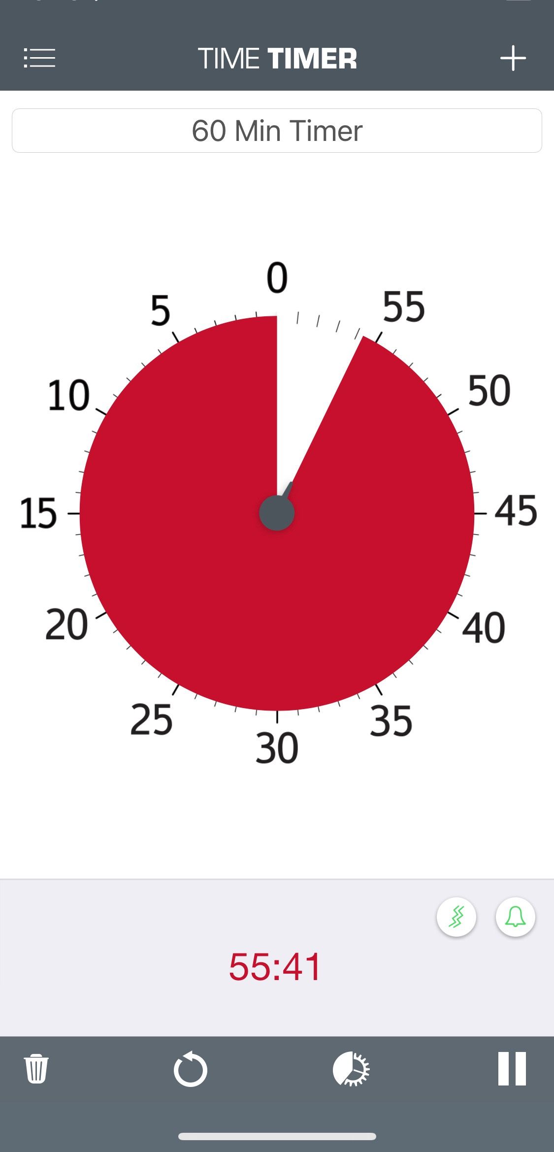 Screenshot of Time Timer app showing red disk countdown screen