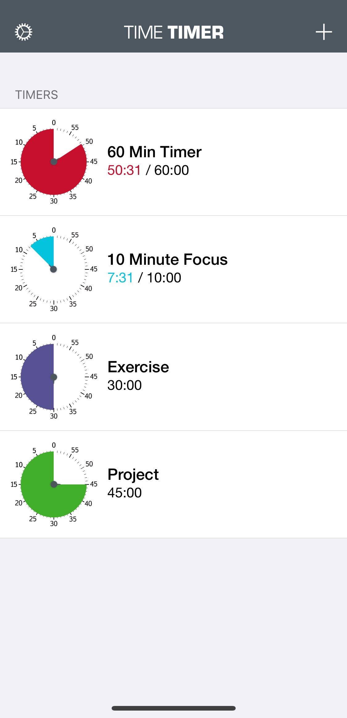 Screenshot of Time Timer app showing saved countdown timers
