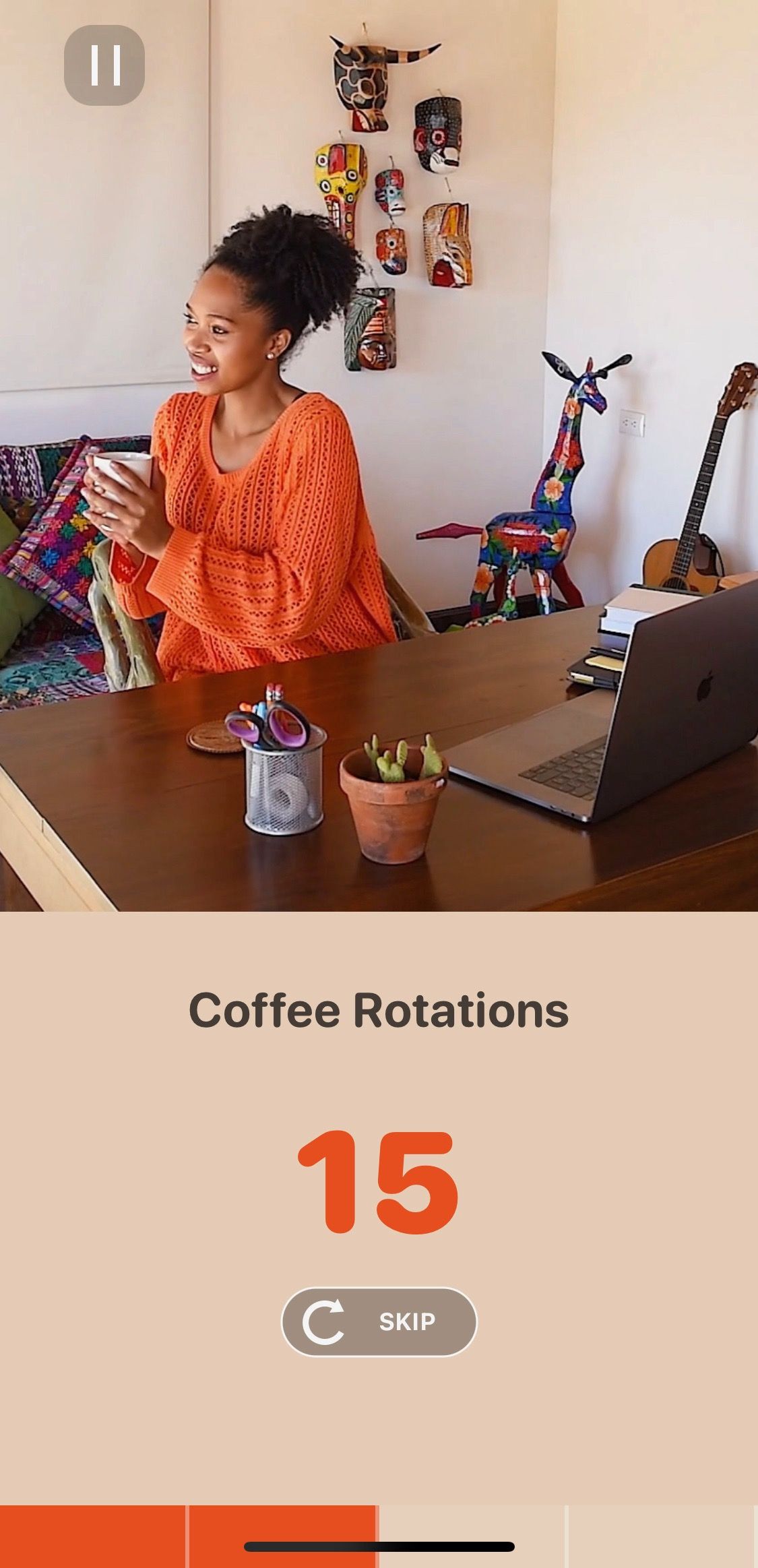 Screenshot of Wakeout app showing the coffee rotations exercise screen