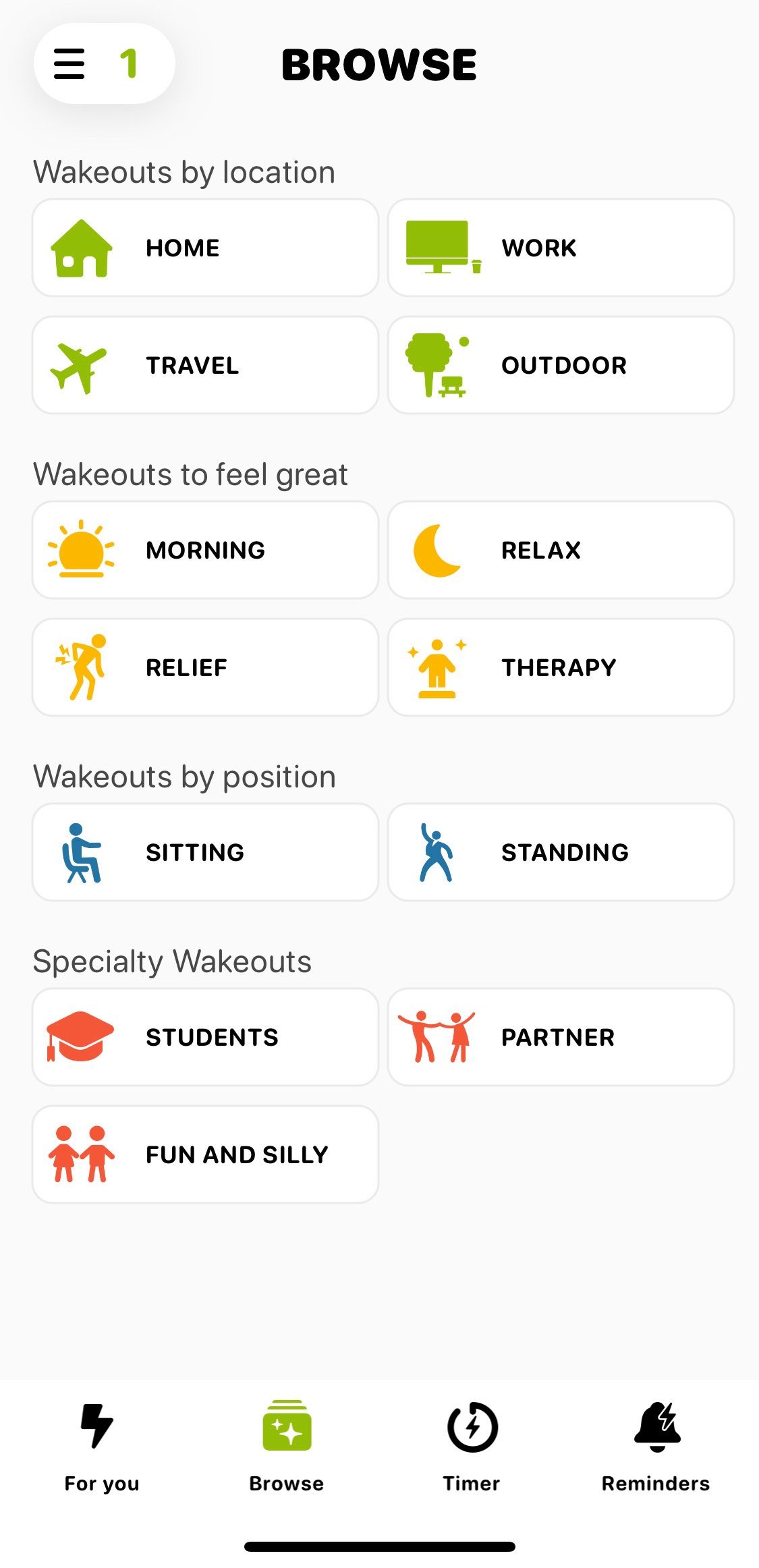 Screenshot of Wakeout app showing the exercise options in the Browse tab of the app