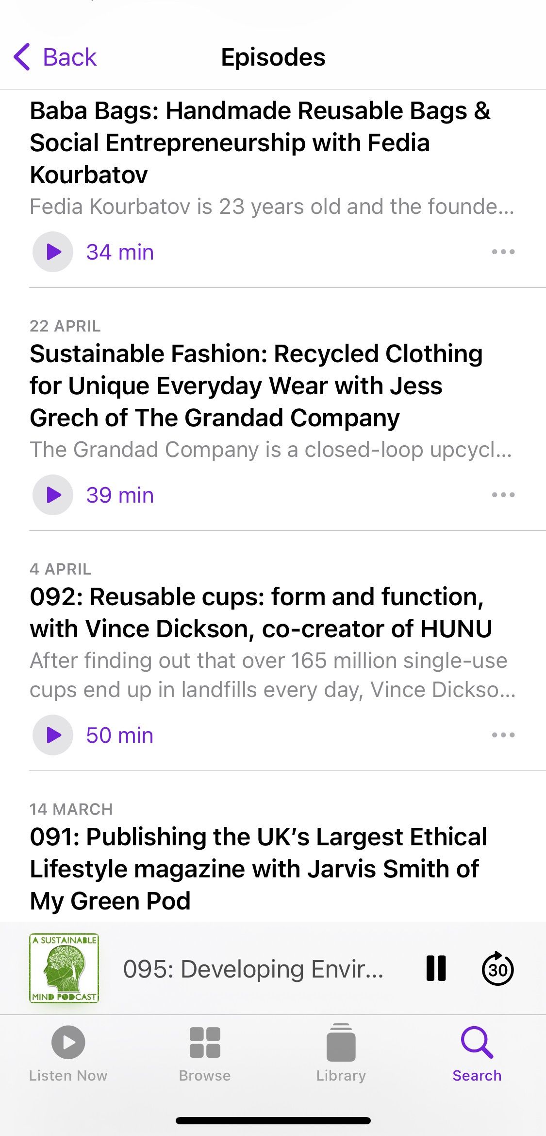 Screenshot showing A Sustainable Mind podcast sample episodes