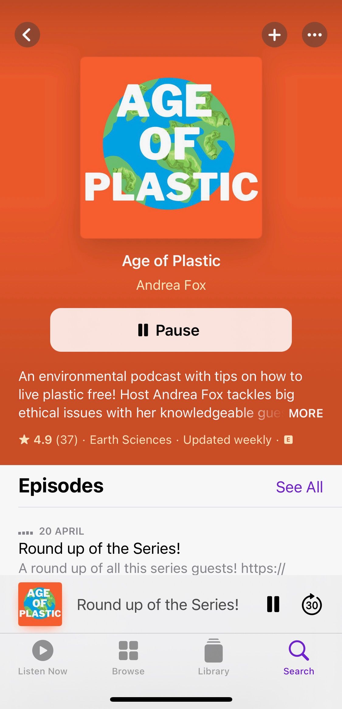 Screenshot showing Age off Plastic podcast home screen