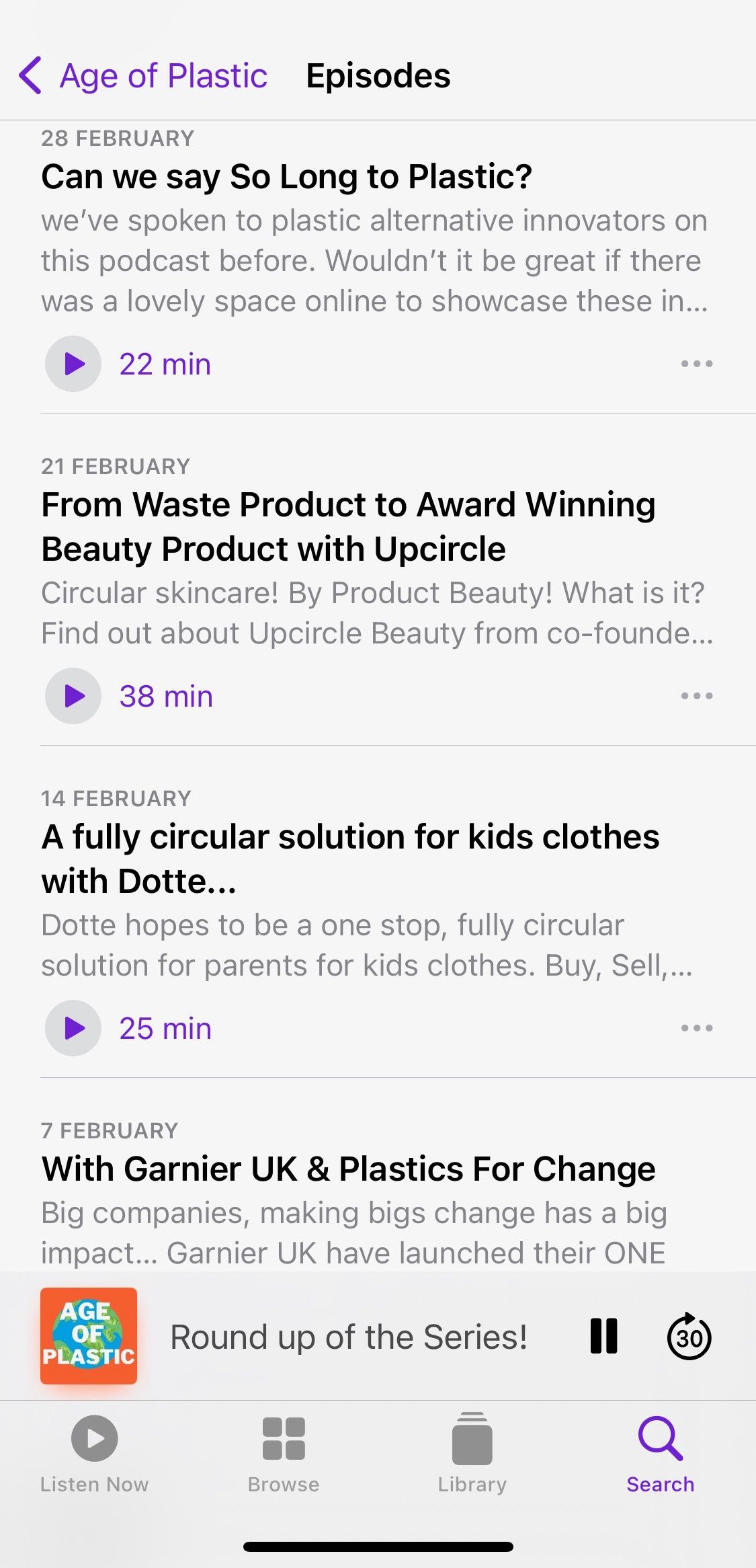 Screenshot showing Age off Plastic podcast sample episodes