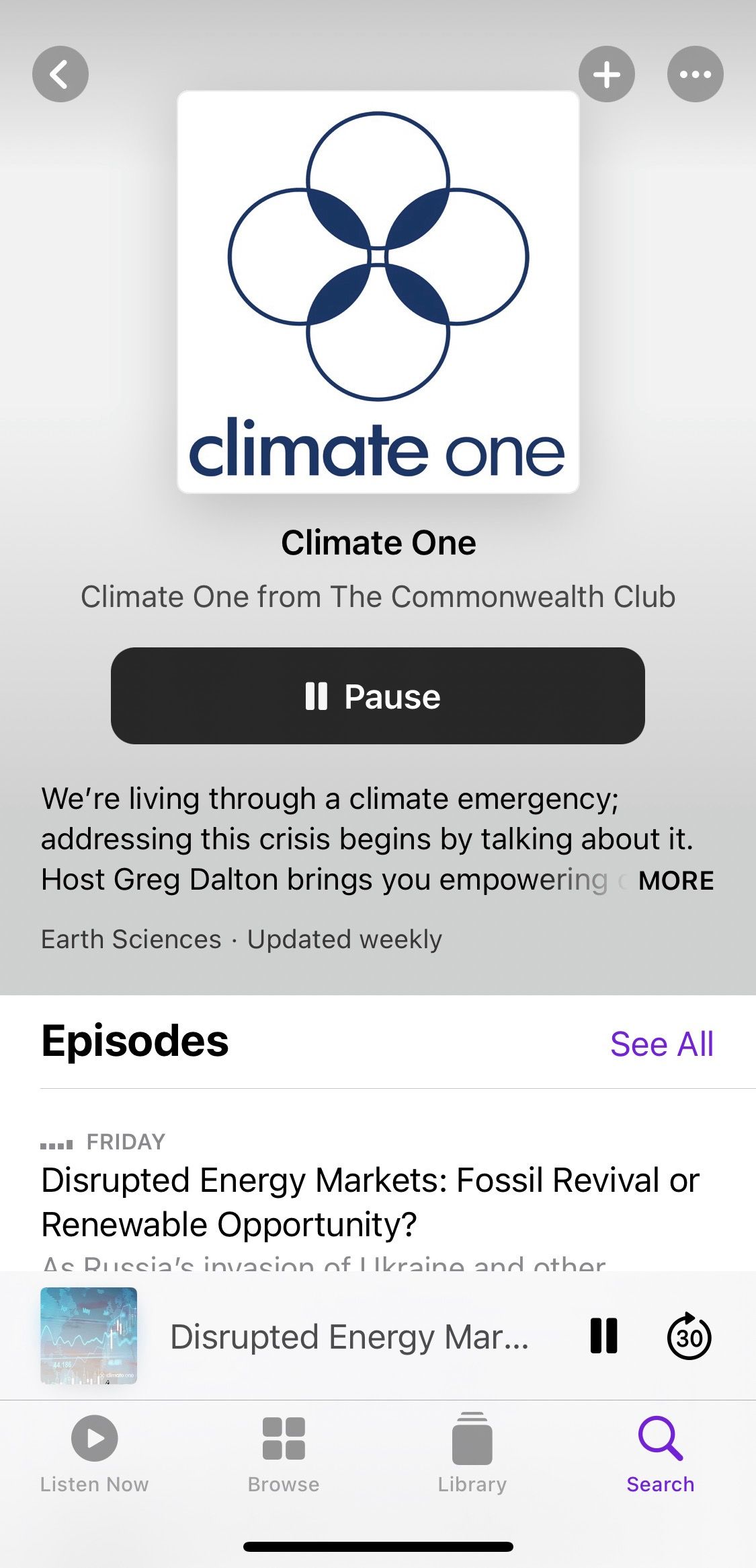 Screenshot showing Climate One podcast home screen