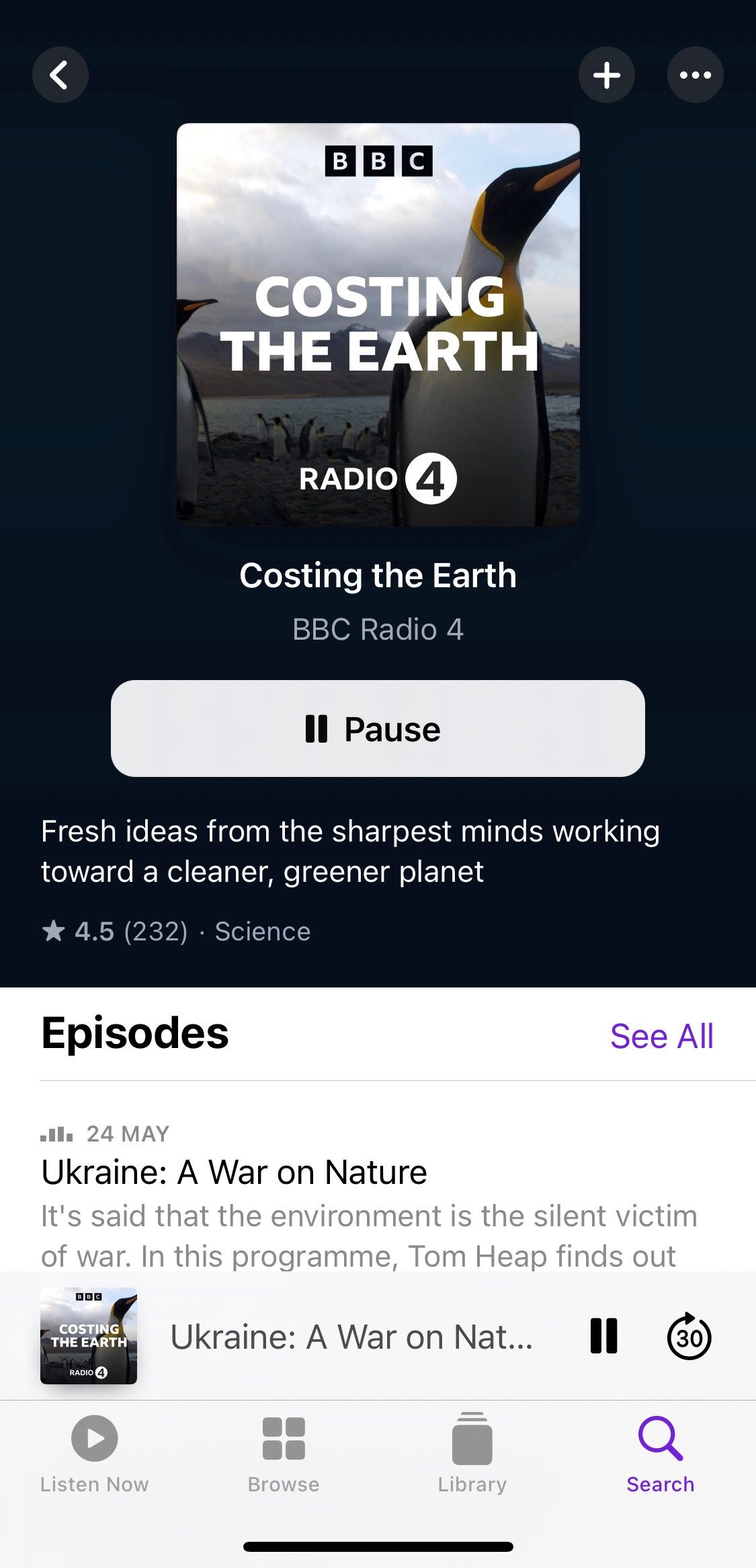 Screenshot showing Costing the Earth podcast home screen