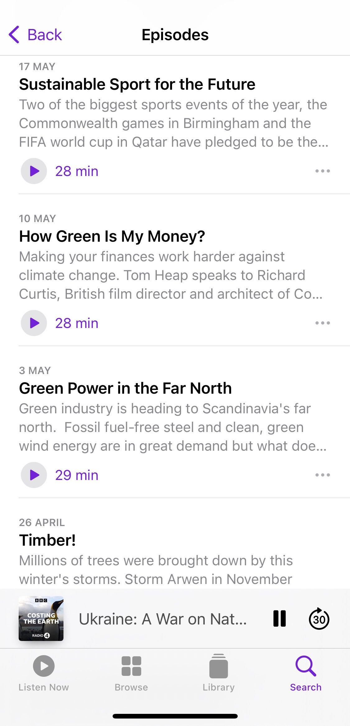 Screenshot showing Costing the Earth podcast sample episodes