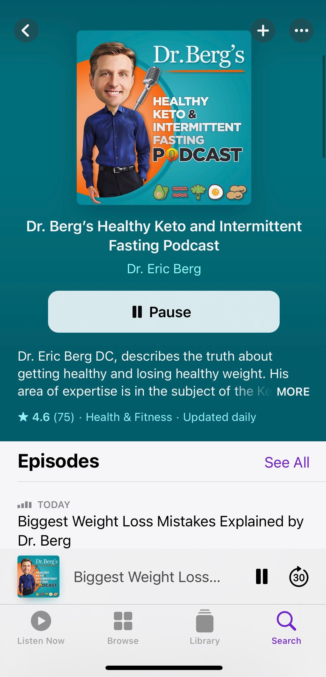 Screenshot showing Dr Berg Healthy Keto Podcast home screen