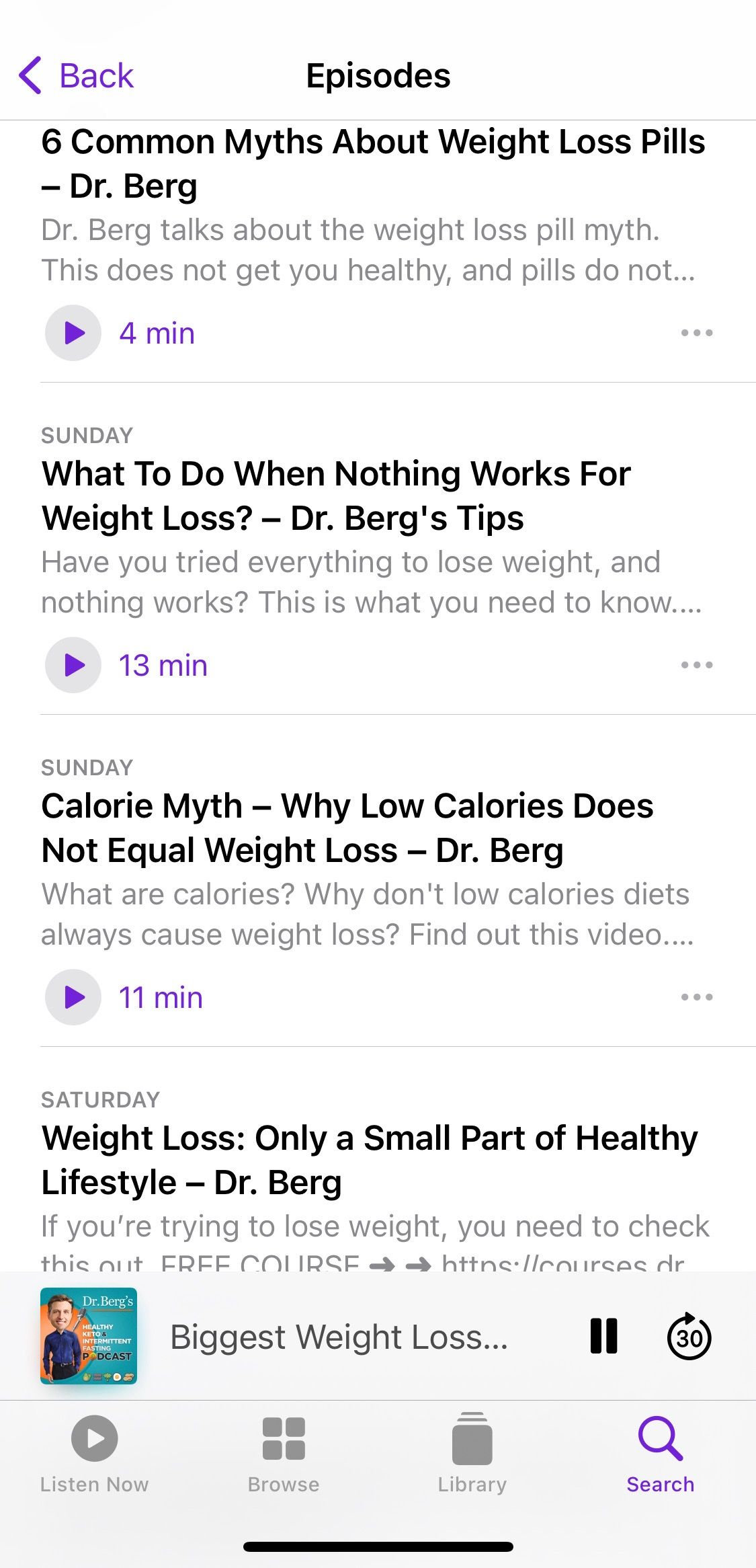 Screenshot showing Dr Bergs Healthy Keto Podcast sample episodes
