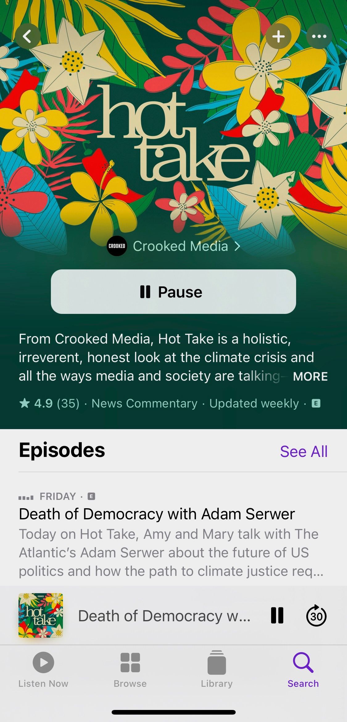 Screenshot showing Hot Take podcast home screen