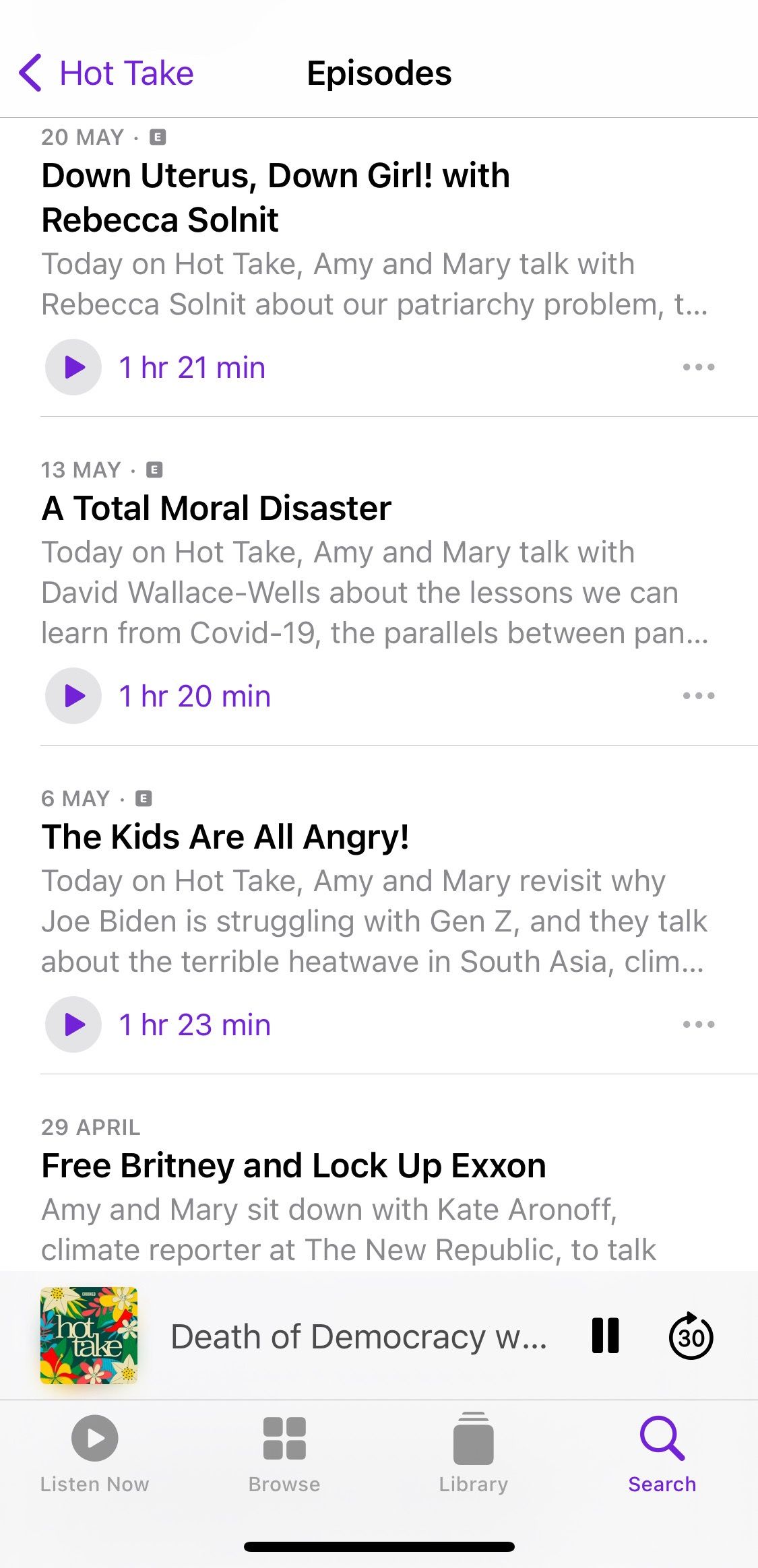 Screenshot showing Hot Take podcast sample episodes