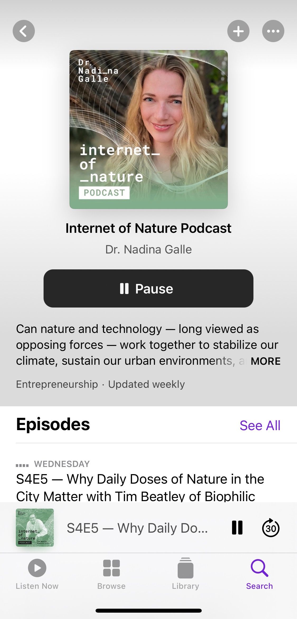 Screenshot showing Internet of Nature podcast home screen
