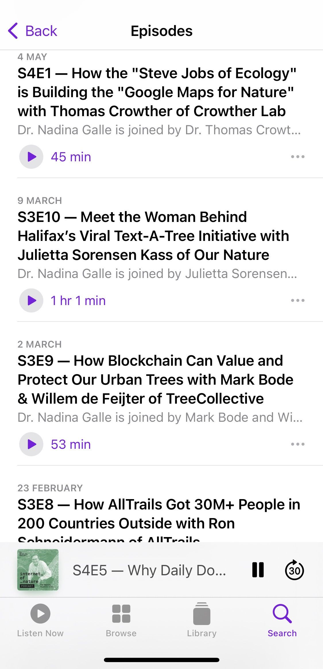 Screenshot showing Internet of Nature podcast sample episodes
