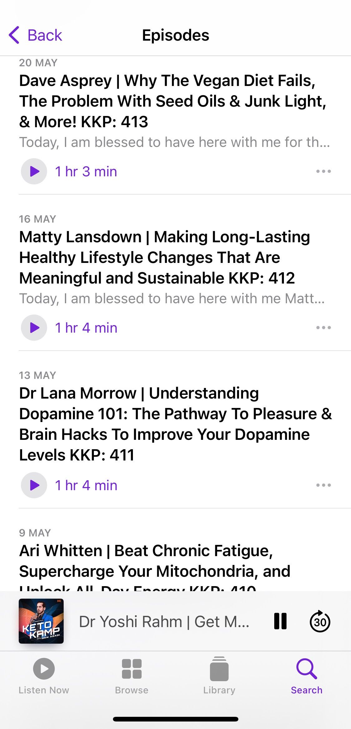 Screenshot showing Keto Kamp Podcast sample episodes