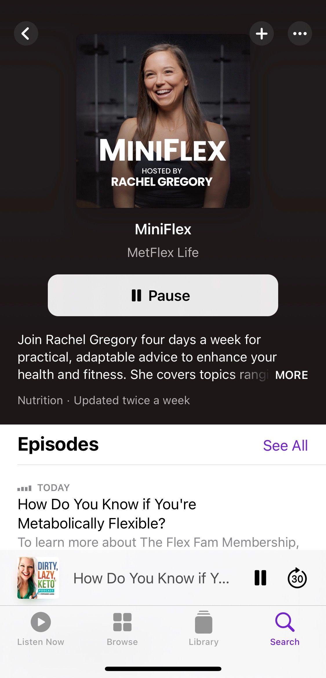 Screenshot showing MiniFlex Podcast home screen