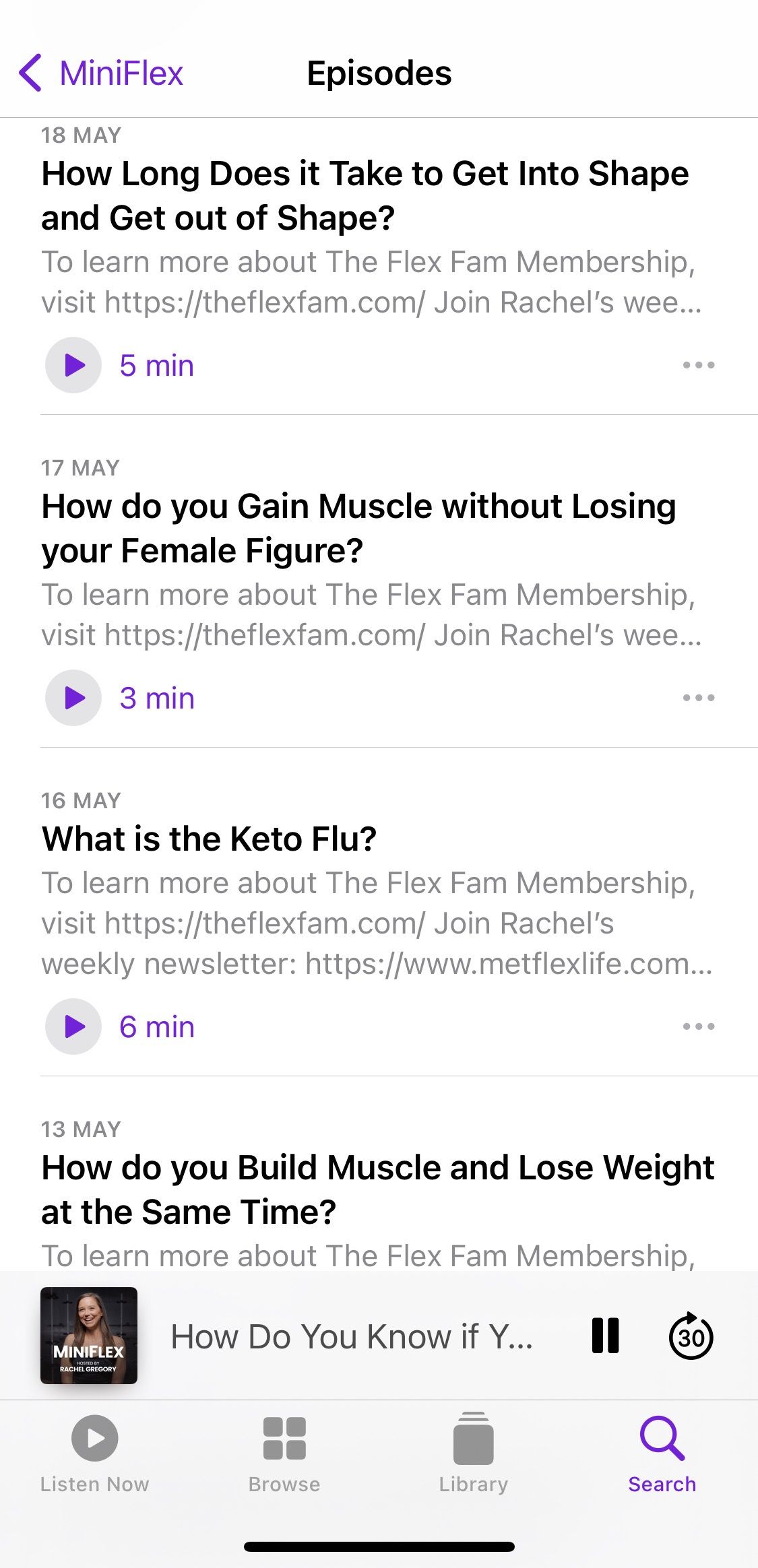 Screenshot showing MiniFlex Podcast sample episodes