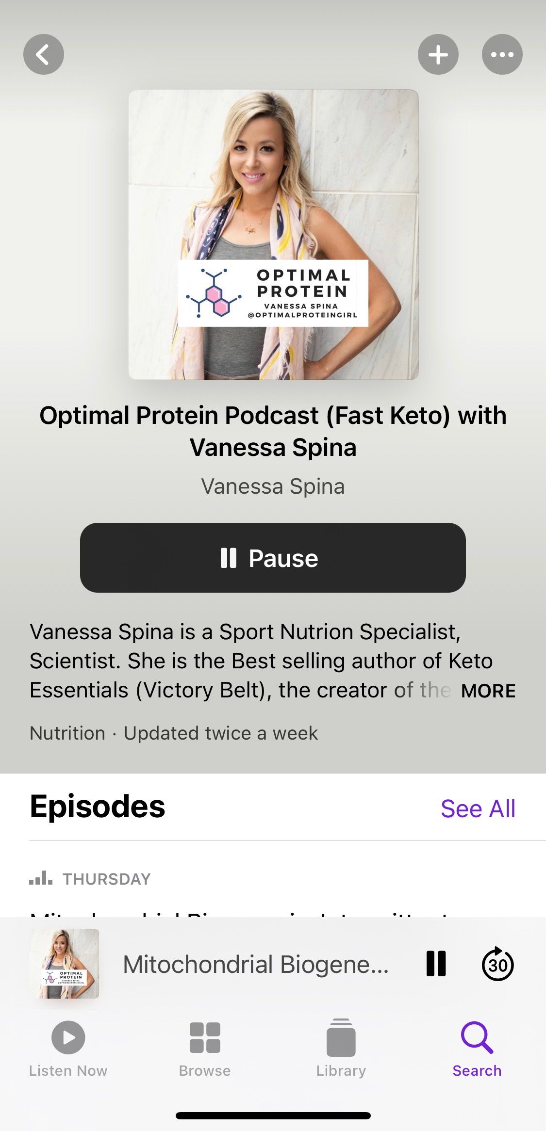 Screenshot showing Optimal Protein Podcast home screen