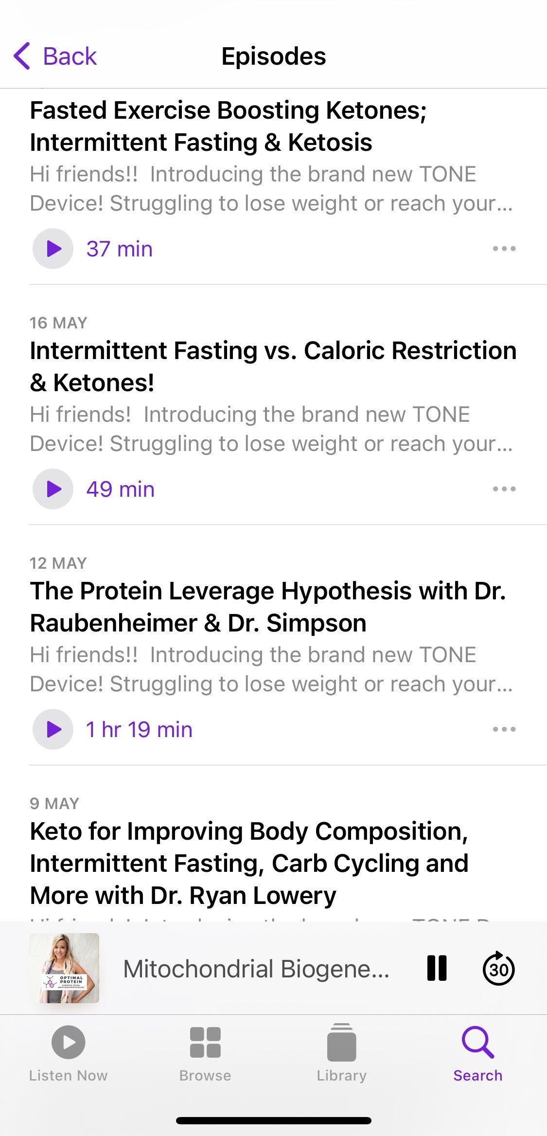 Screenshot showing Optimal Protein Podcast sample episodes