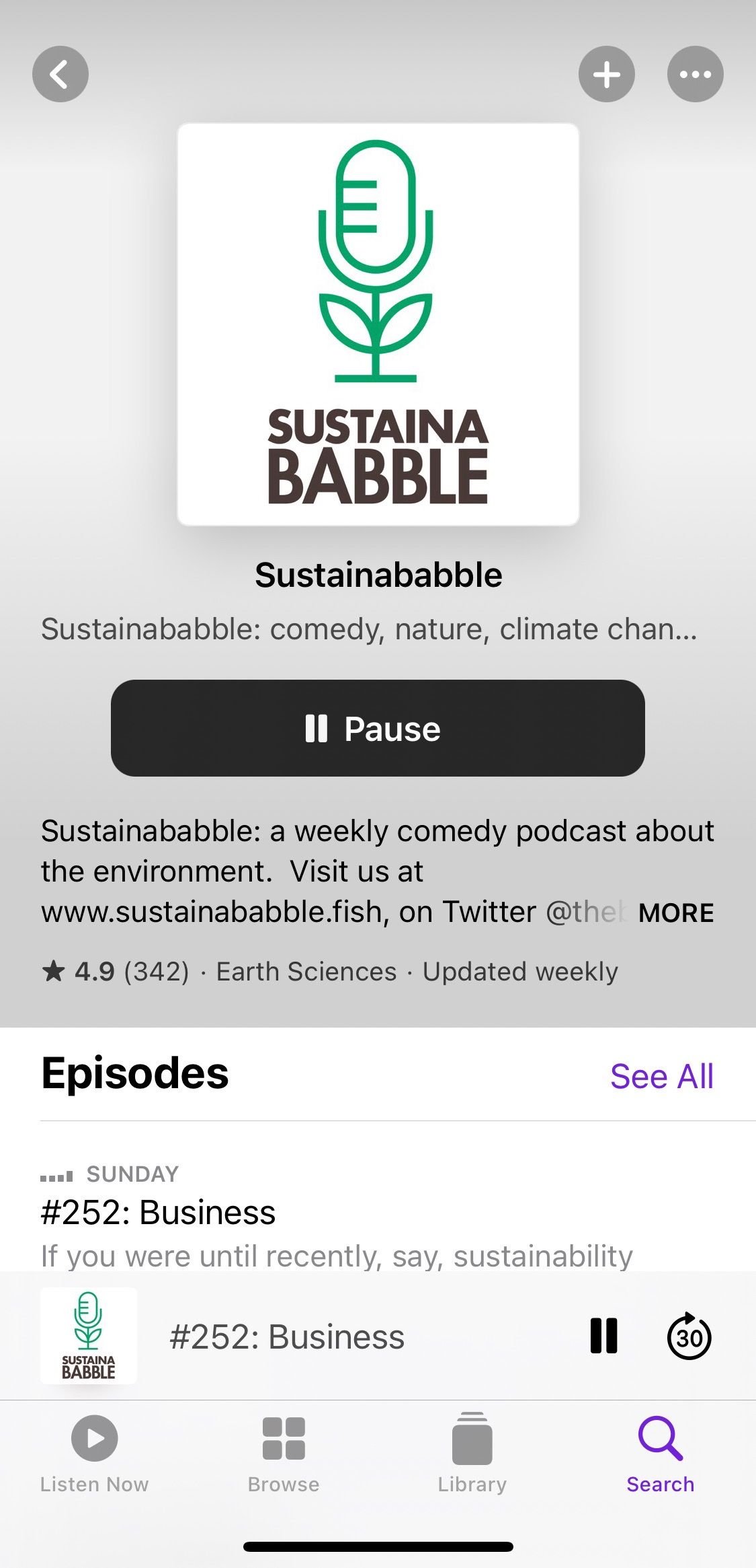 Screenshot showing Sustainababble podcast home screen