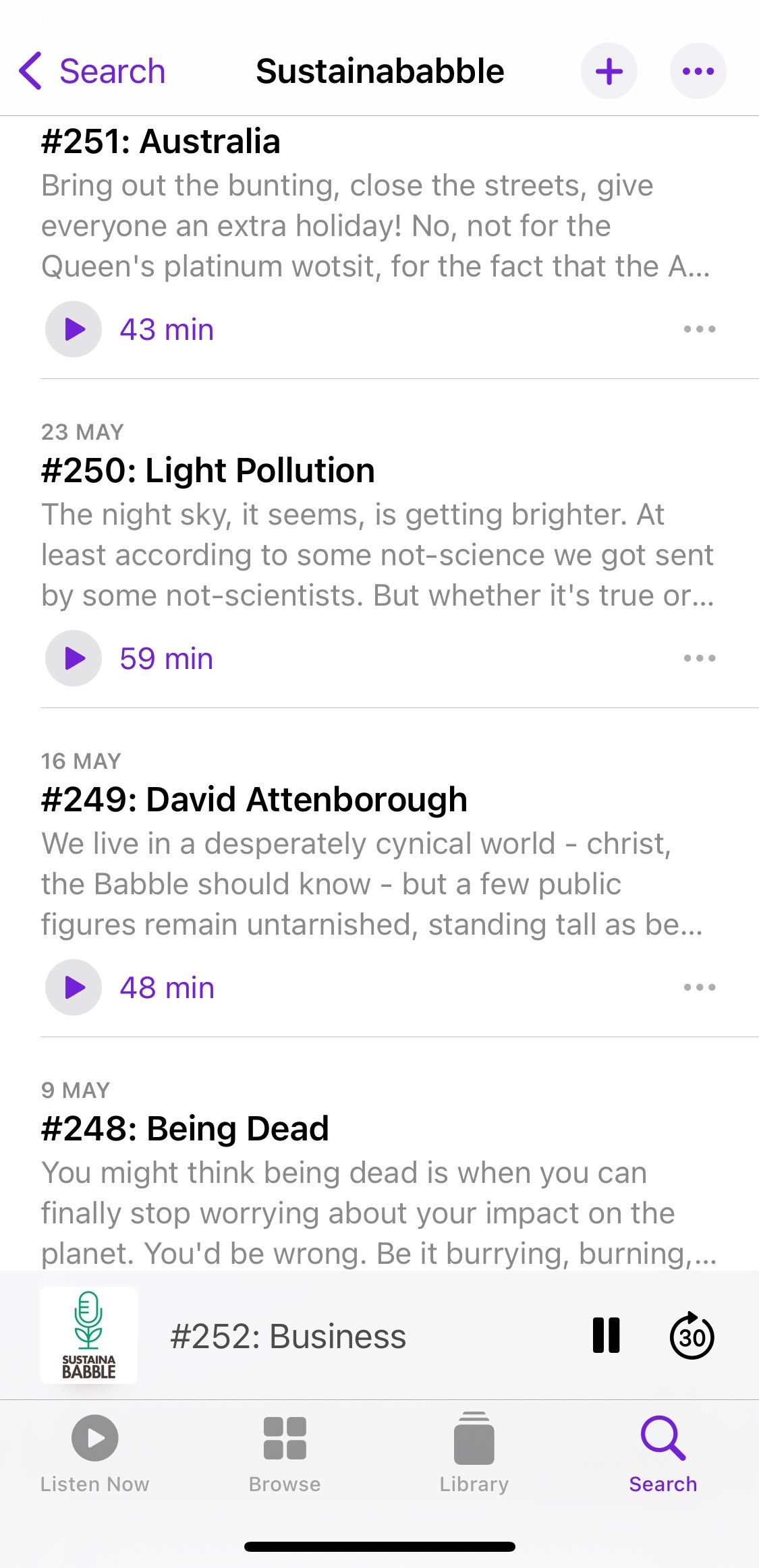 Screenshot showing Sustainababble podcast sample episodes