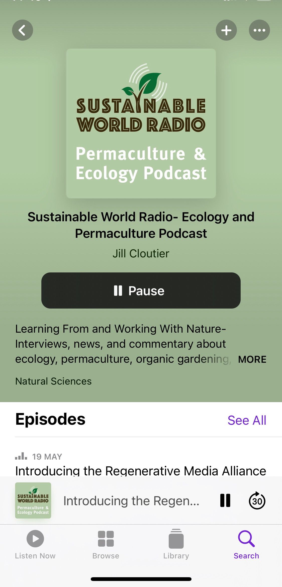 Screenshot showing Sustainable World Radio podcast home screen
