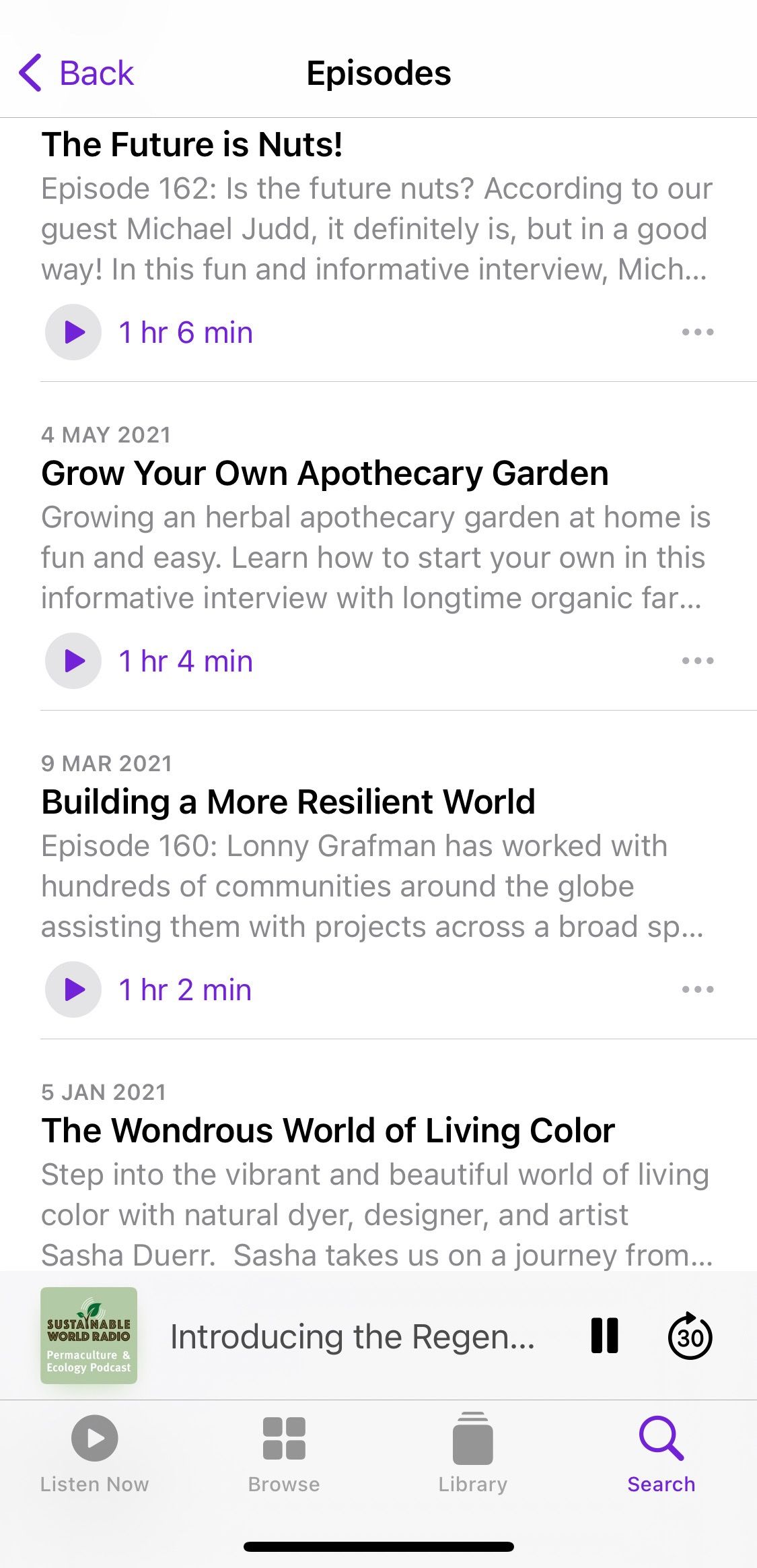 Screenshot showing Sustainable World Radio podcast sample episodes