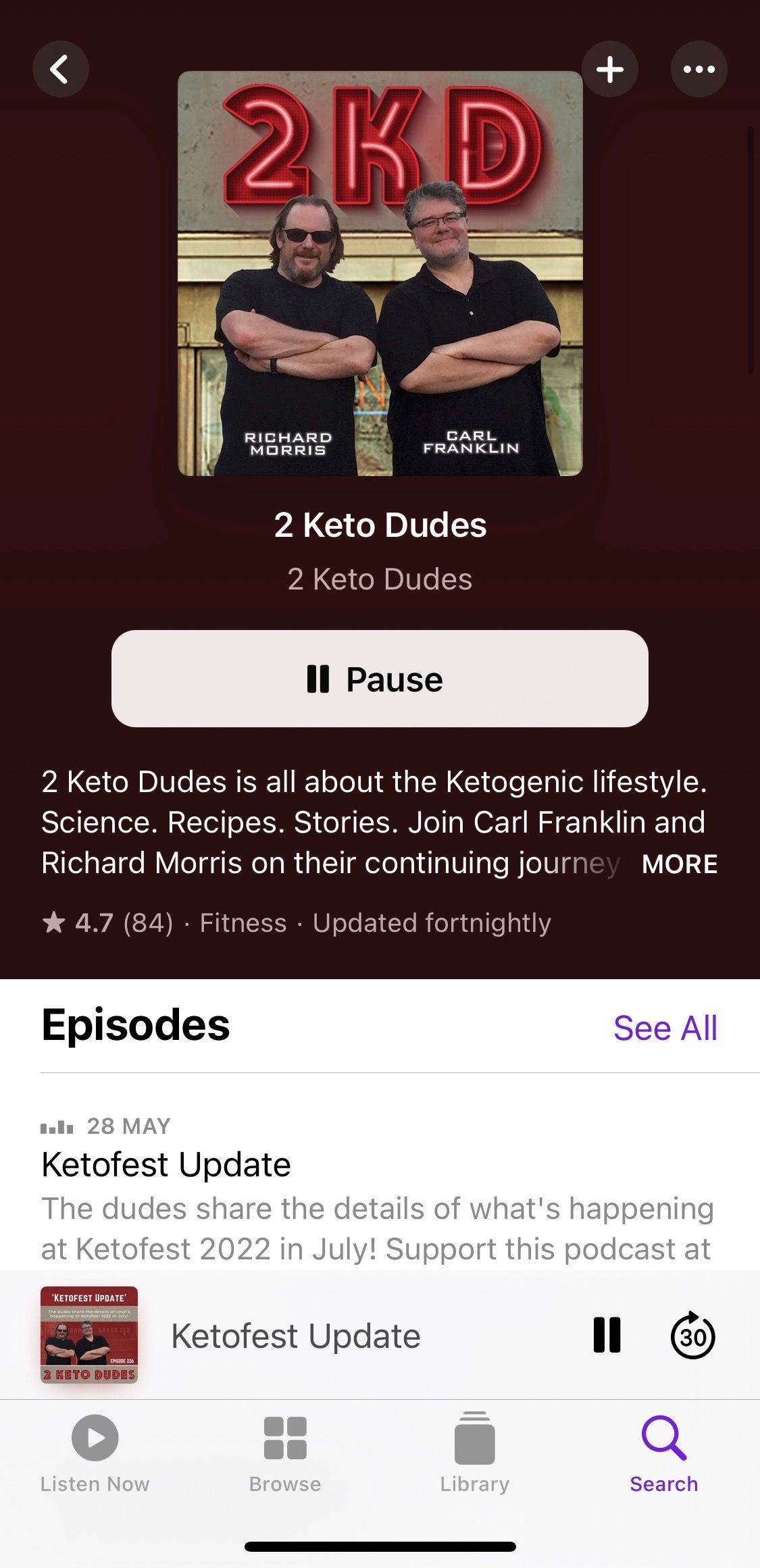 Screenshot showing The 2 Keto Dudes Podcast home screen