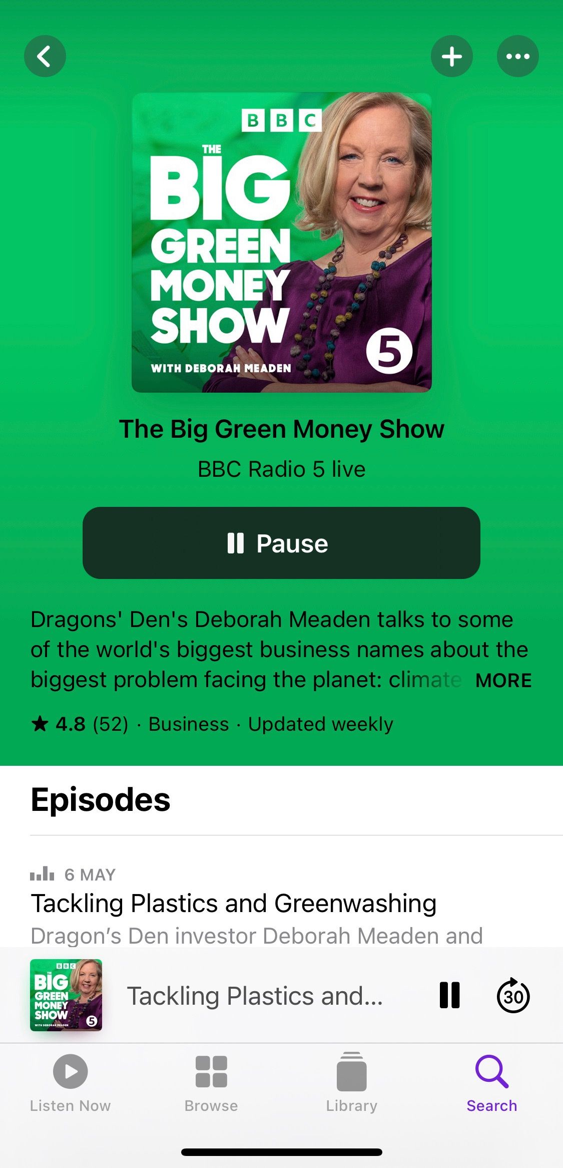 Screenshot showing The Big Green Money Show podcast home screen