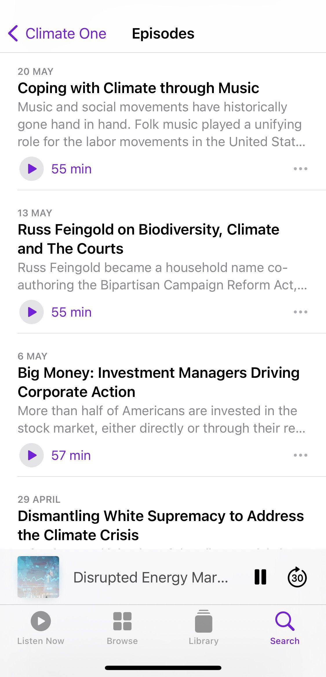Screenshot showing The Climate One podcast sample episodes