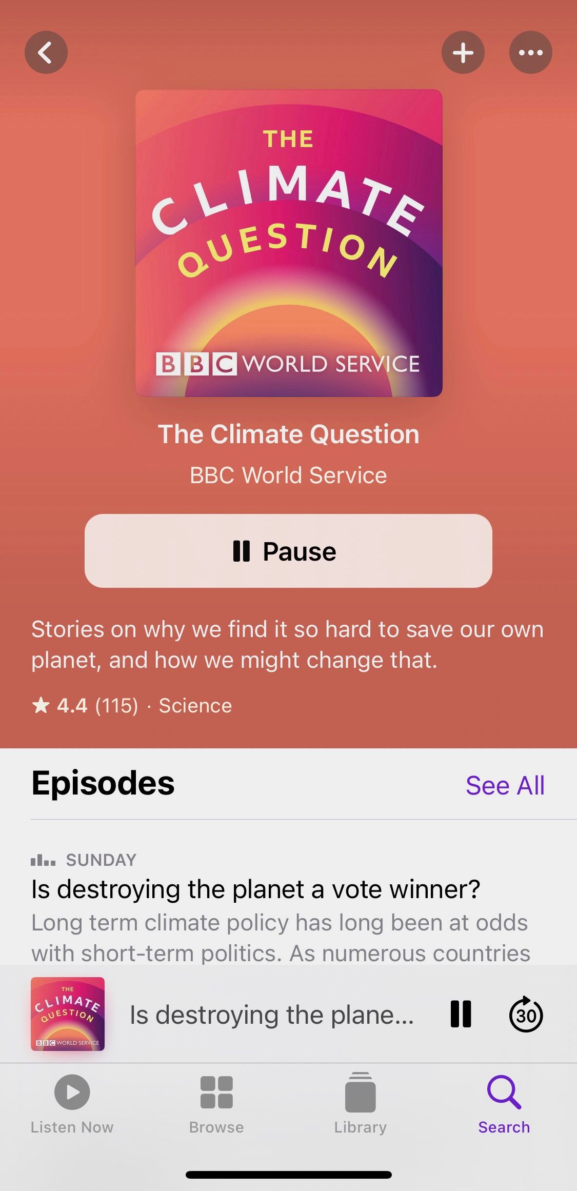 Screenshot showing The Climate Question podcast home screen