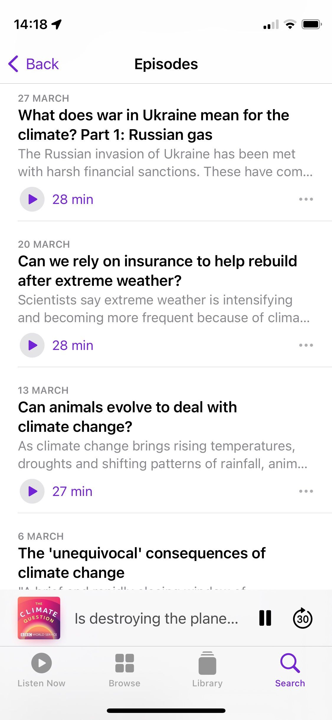 Screenshot showing The Climate Question podcast sample episodes