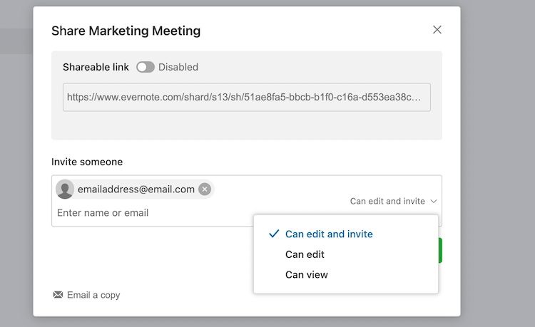 Screenshote illustrating how to share a meeting note with another Evernote user in Evernote application