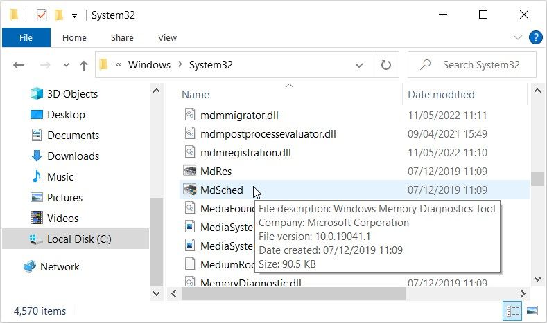 Searching for the Memory Diagnostic Tool in the System32 Directory