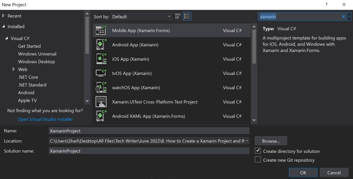 Window to create a new Xamarin project in Visual Studio