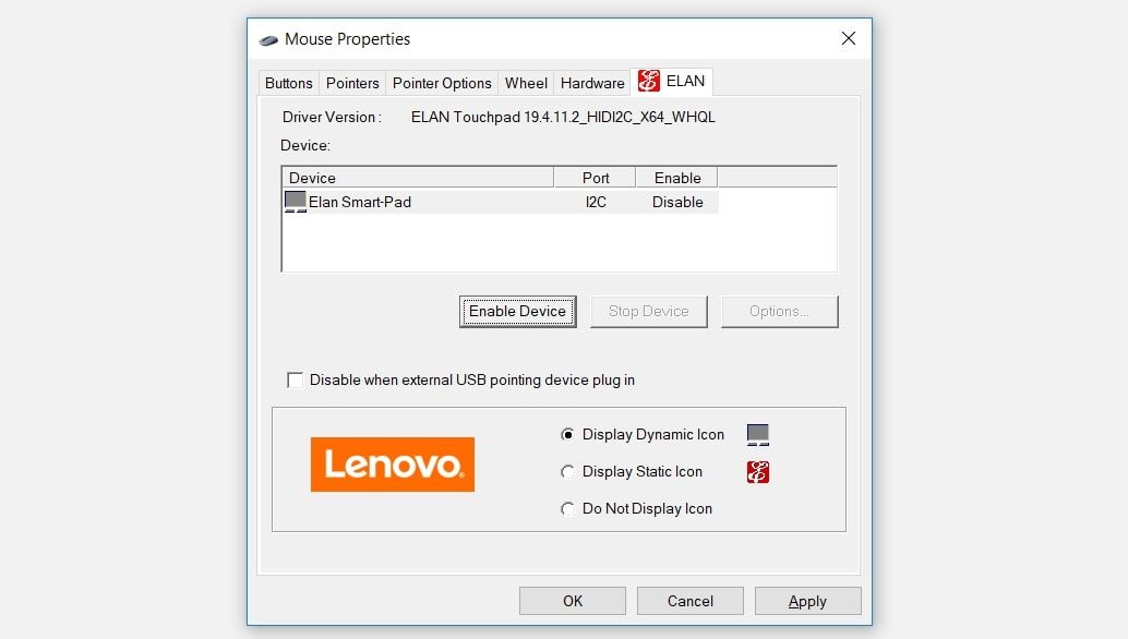 Selecting the Enable Device option to enable the touchpad
