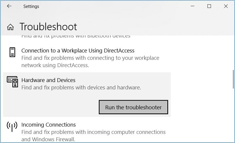 Selecting the Hardware and Devices troubleshooter