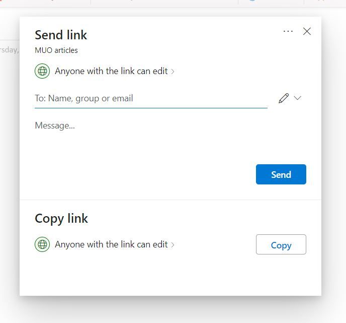 Send link pop-up screen for notebook sharing