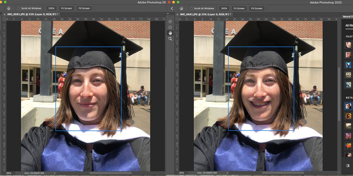 Photoshop interface with two images of a woman. In one she's stone-faced and the other smiling.