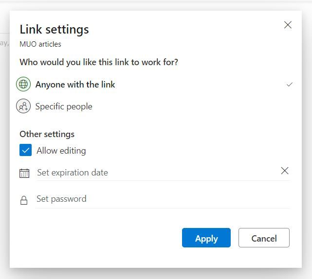 Settings pop-up showing who can edit, create password and expiry date of link.