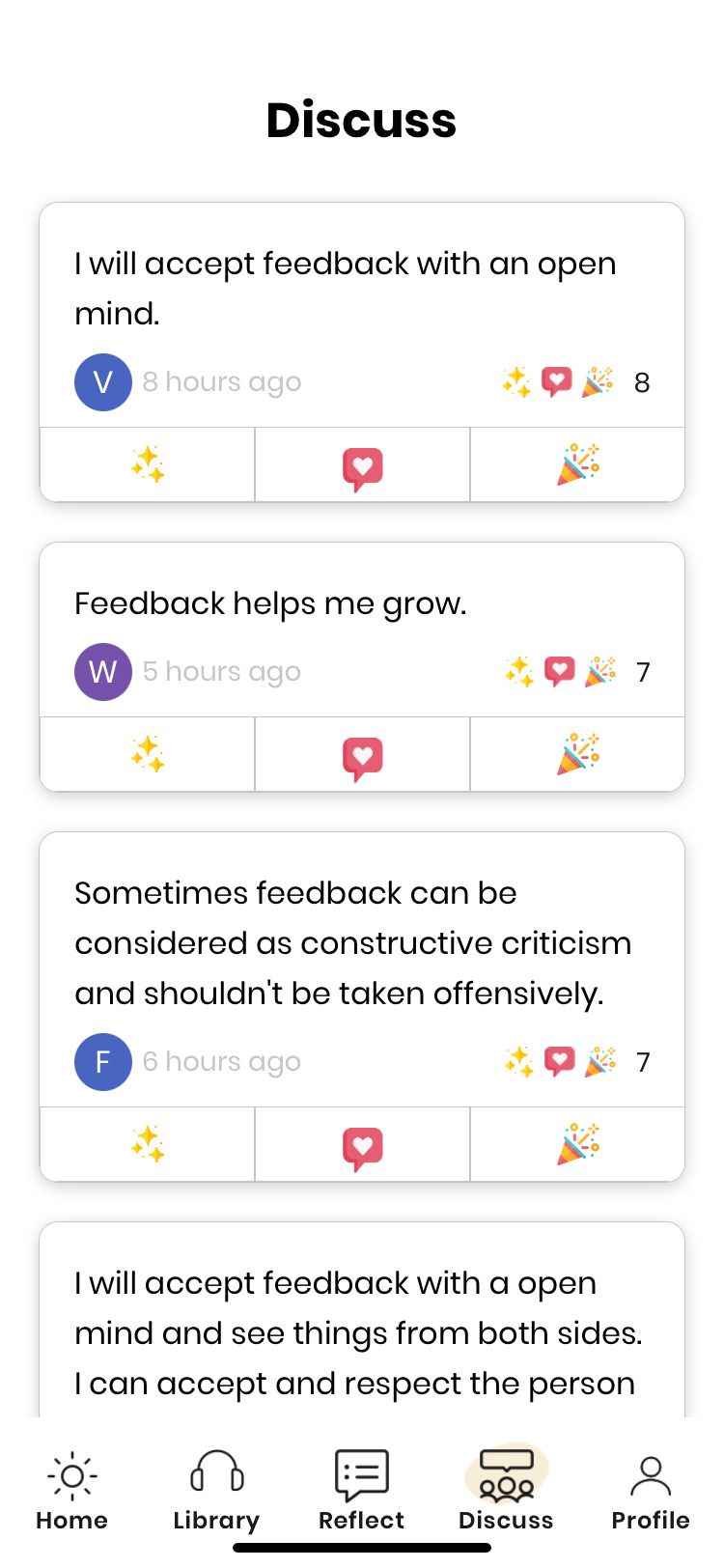 Shine app Discuss screen responses