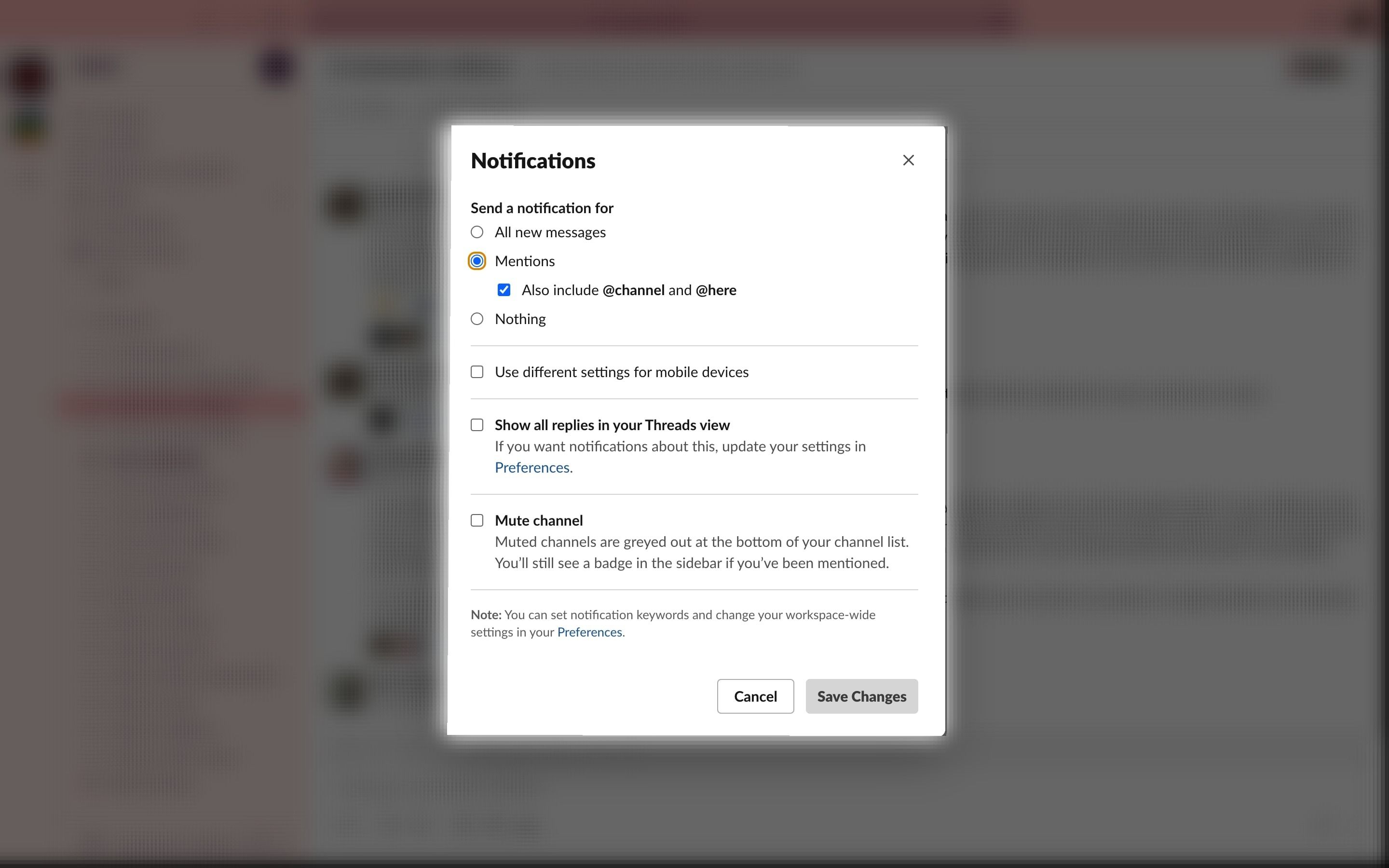 Screenshot setting channel specific notifications in Slack 