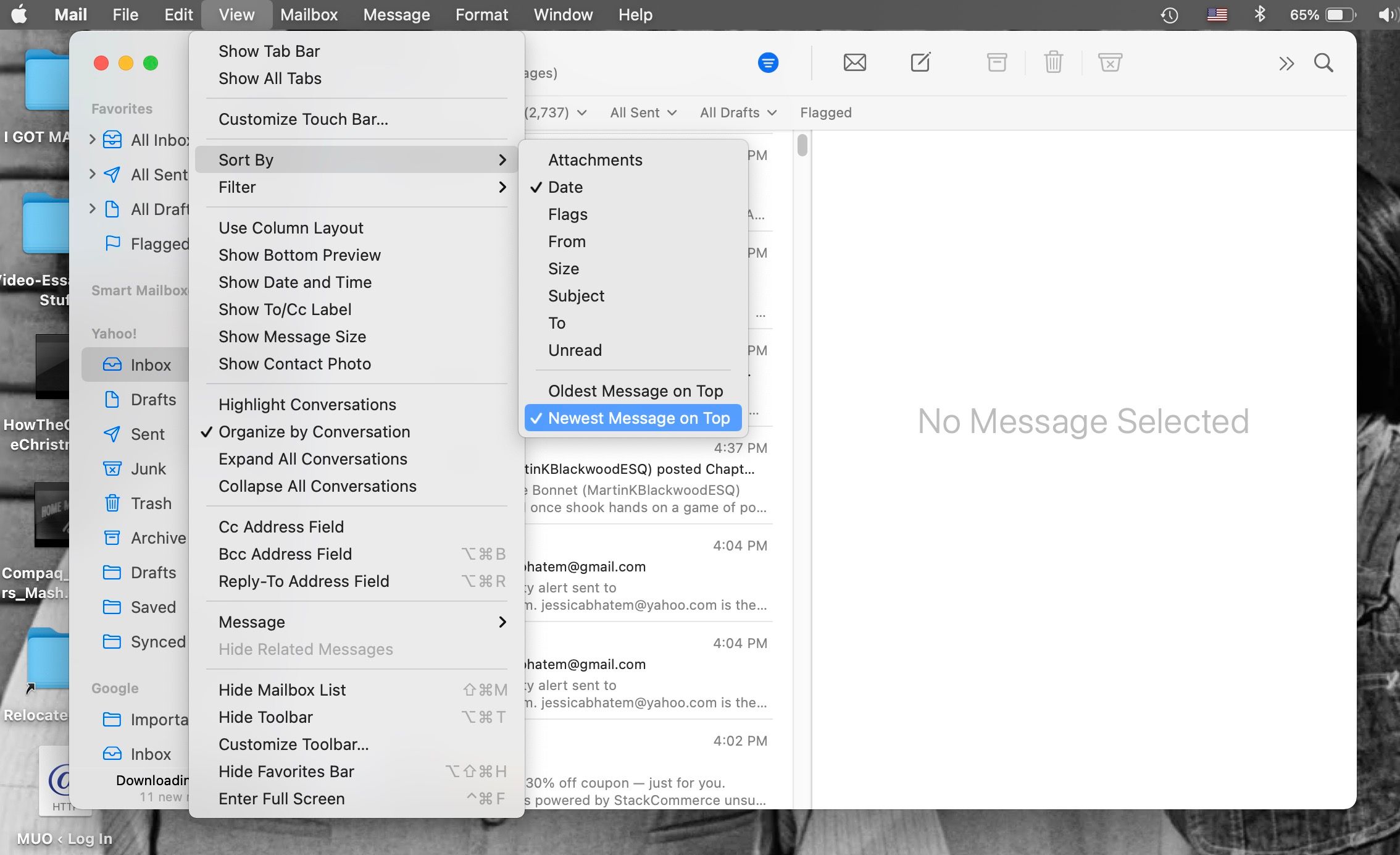Sort By options displayed in Mail for Mac