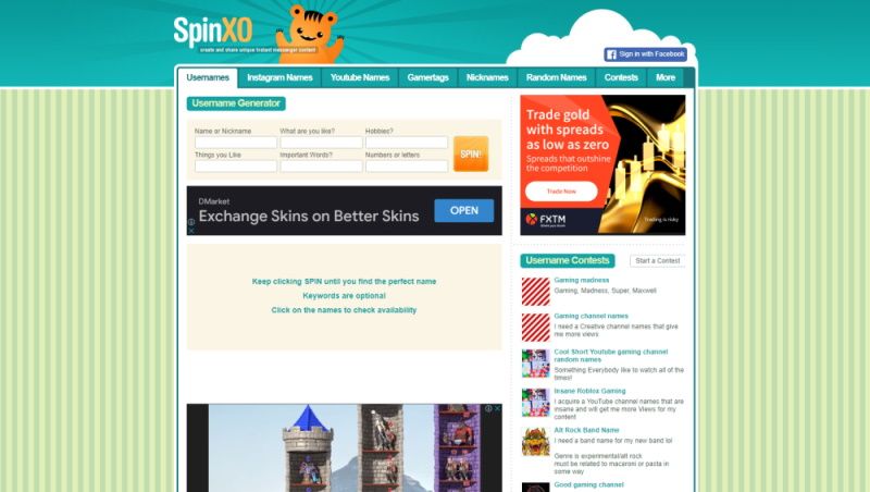 SpinXO username generator homepage
