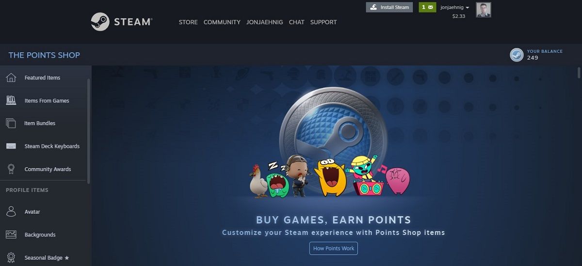 صفحه اصلی فروشگاه Steam Points با منوی بنر در بالا، منوی ستون در سمت چپ و کاراکترها در مرکز.