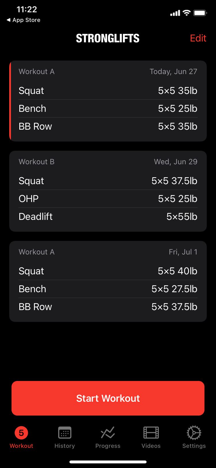StrongLifts app workout screen