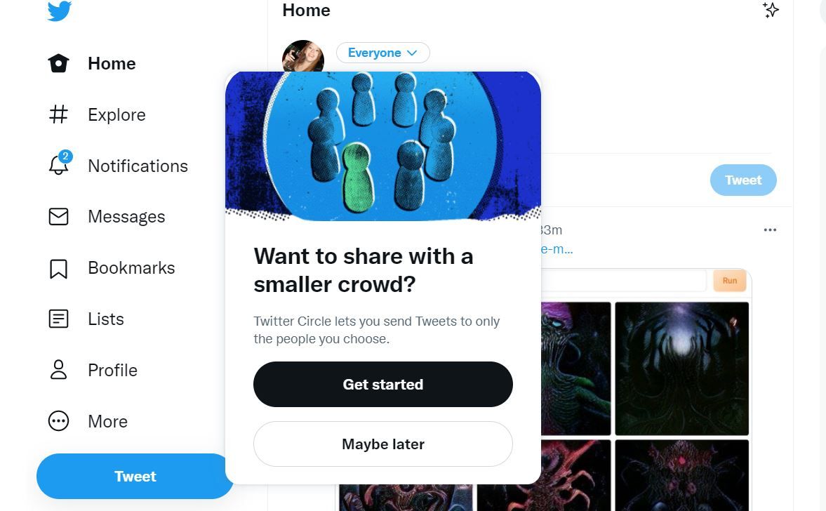 Twitter circle asking "Want to share with a smaller crowd?" on home page.